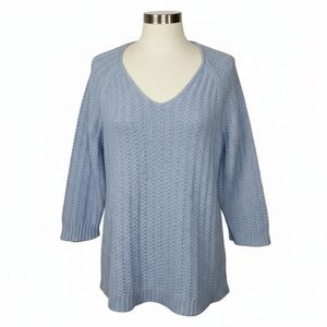 Tommy Bahama Women’s Blue Open Knit V-Neck Sweater Large 3/4 Sleeve Coastal